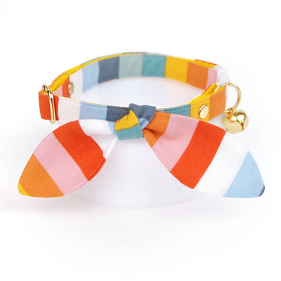 Cat Collar and Bunny Ear Bow Set - "Carousel" - Preppy Rainbow Striped Cat Collar with Matching Bunny Bow Tie / Summer, Sailing / Cat, Kitten + Small Dog Sizes