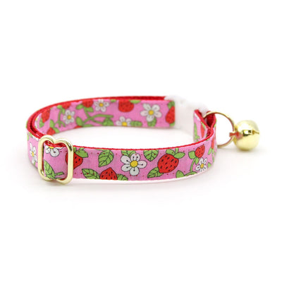 Cat Collar and Bunny Ear Bow Set - "Wild Strawberry - Pink" - Red & Pink Fruit Floral Strawberry Cat Collar with Matching Bunny Bow Tie / Cat, Kitten + Small Dog Sizes