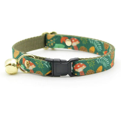 Cat Collar and Bunny Ear Bow Set - "Forest Fantasy" - Mushrooms, Toadstools & Acorns Green Cat Collar with Matching Bunny Bow Tie / Cat, Kitten + Small Dog Sizes