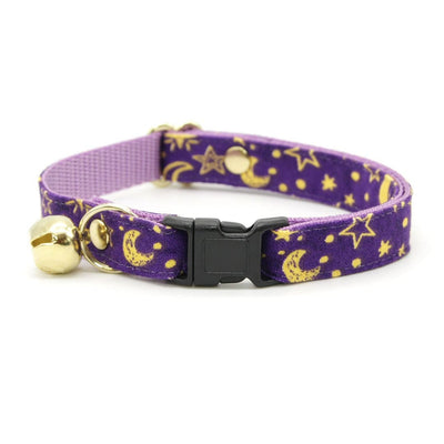 Cat Collar and Bunny Ear Bow Set - "Moonlight - Purple" - Night Sky Celestial Purple Star & Moon Cat Collar with Matching Bunny Bow Tie / Cat, Kitten + Small Dog Sizes