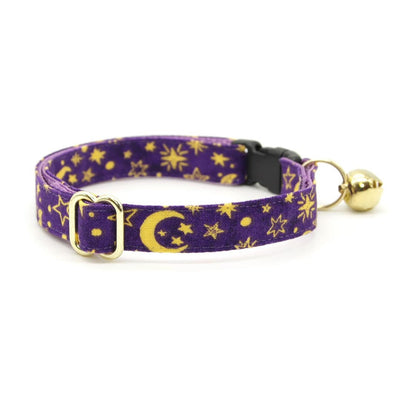 Cat Collar and Bunny Ear Bow Set - "Moonlight - Purple" - Night Sky Celestial Purple Star & Moon Cat Collar with Matching Bunny Bow Tie / Cat, Kitten + Small Dog Sizes