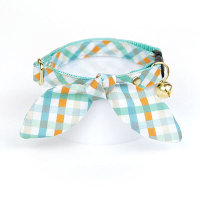 Cat Collar and Bunny Ear Bow Set - "Seashore" - Ocean Blue & Aqua Plaid Cat Collar with Matching Bunny Bow Tie / Nautical, Preppy, Summer / Cat, Kitten + Small Dog Sizes