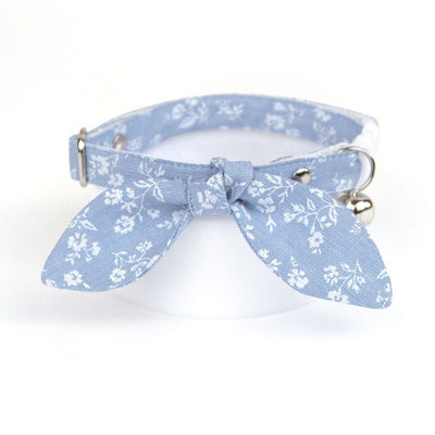 Cat Collar and Bunny Ear Bow Set - "Fairfield" - Light Blue Floral Denim Chambray Cat Collar with Matching Bunny Bow Tie / Cat, Kitten + Small Dog Sizes