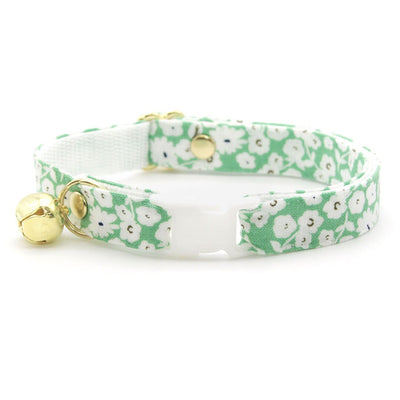 Cat Collar and Bunny Ear Bow Set - "Apple Blossom" - Mint Green Floral Cat Collar with Matching Bunny Bow Tie / Spring, Easter / Cat, Kitten + Small Dog Sizes