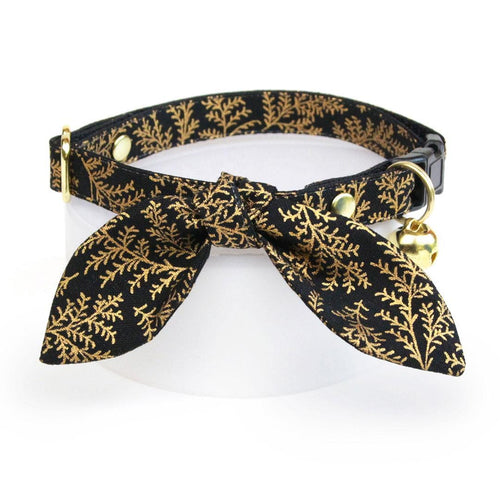 Cat Collar and Bunny Ear Bow Set - "Black Forest" - Gold Pine Branches on Black Cat Collar w/ Matching Bunny Bow Tie / Fall, Winter, Holiday, New Year / Cat, Kitten + Small Dog Sizes