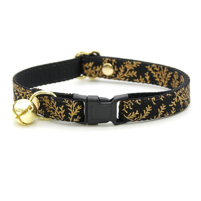 Cat Collar and Bunny Ear Bow Set - "Black Forest" - Gold Pine Branches on Black Cat Collar w/ Matching Bunny Bow Tie / Fall, Winter, Holiday, New Year / Cat, Kitten + Small Dog Sizes