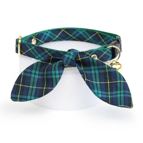 Cat Collar and Bunny Ear Bow Set - "Hunter" - Dark Green Tartan Plaid Cat Collar w/ Matching Bunny Bow Tie / Fall, Winter / Cat, Kitten + Small Dog Sizes