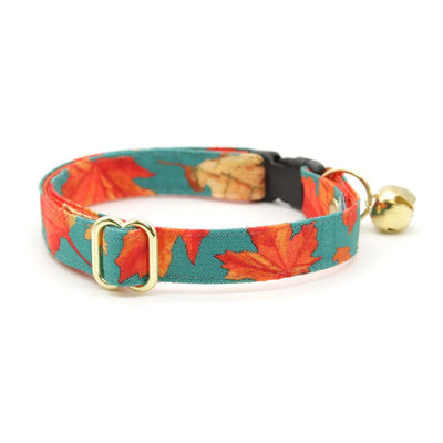 Cat Collar and Bunny Ear Bow Set - "Maple Hill" - Teal Maple Leaf Cat Collar w/ Matching Bunny Bow Tie / Autumn, Fall / Cat, Kitten + Small Dog Sizes