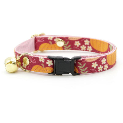 Cat Collar and Bunny Ear Bow Set - "Pumpkin Patch - Cranberry" - Burgundy Fall Pumpkin Cat Collar w/ Matching Bunny Bow Tie / Fall + Thanksgiving / Cat, Kitten + Small Dog Sizes