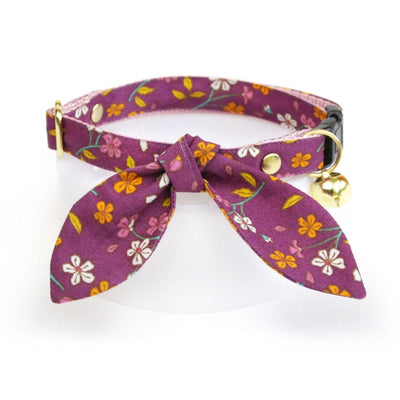 Cat Collar and Bunny Ear Bow Set - "Spiced Plum" - Wine Purple Floral Cat Collar w/ Matching Bunny Bow Tie / Fall + Thanksgiving / Cat, Kitten + Small Dog Sizes