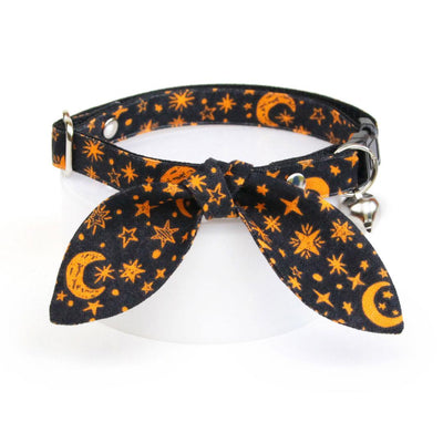 Cat Collar and Bunny Ear Bow Set - "Moonlight - Black" - Celestial Moon & Star Cat Collar w/ Matching Bunny Bow Tie / Halloween / Cat, Kitten + Small Dog Sizes