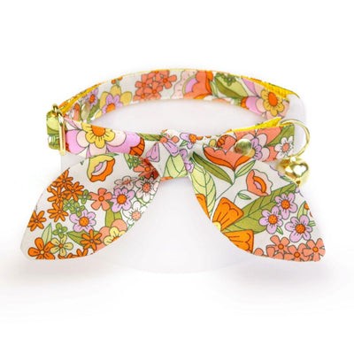 Cat Collar and Bunny Ear Bow Set - "Groovy Garden" - Yellow Retro Floral Cat Collar w/ Matching Bunny Bow Tie / Fall, Spring, Summer / Cat, Kitten + Small Dog Sizes