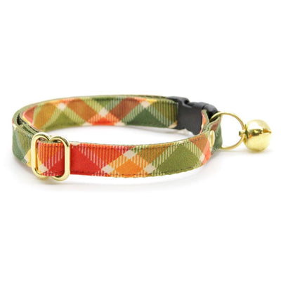 Cat Collar + Flower Set - "Apple Crisp" - Green Plaid Cat Collar w/ Peach Felt Flower (Detachable) / Cat, Kitten + Small Dog Sizes