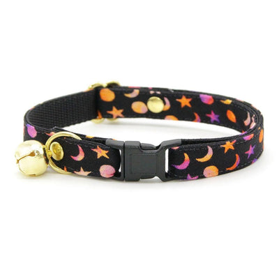 Cat Collar + Flower Set - "Cosmic" - Celestial Stars and Moon Cat Collar w/ Lavender Felt Flower (Detachable) / Cat, Kitten + Small Dog Sizes