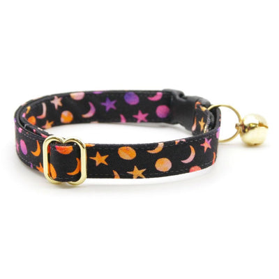 Cat Collar + Flower Set - "Cosmic" - Celestial Stars and Moon Cat Collar w/ Plum Felt Flower (Detachable) / Cat, Kitten + Small Dog Sizes