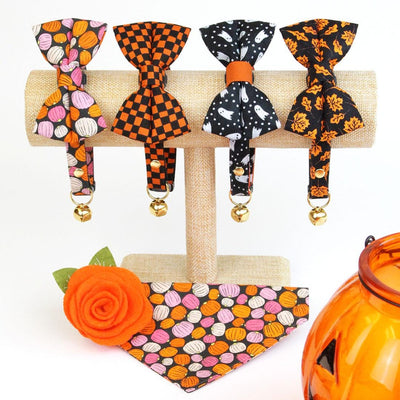 Bow Tie Cat Collar Set - "Pumpkin Toss" - Orange Pink Pumpkin Cat Collar with Bow Tie / Fall + Halloween / Cat, Kitten, Small Dog Sizes