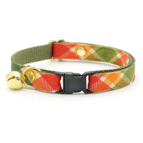 Cat Collar - "Apple Crisp" - Red Yellow Green Plaid Cat Collar / Apple Picking, Harvest, Fall / Breakaway Buckle or Non-Breakaway / Cat, Kitten + Small Dog Sizes