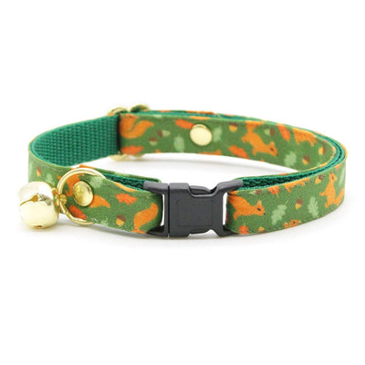 Cat Collar - "Squirrel Bounty" - Acorn Green Squirrel Cat Collar / Nature Lover, Forest Animals, Fall / Breakaway Buckle or Non-Breakaway / Cat, Kitten + Small Dog Sizes