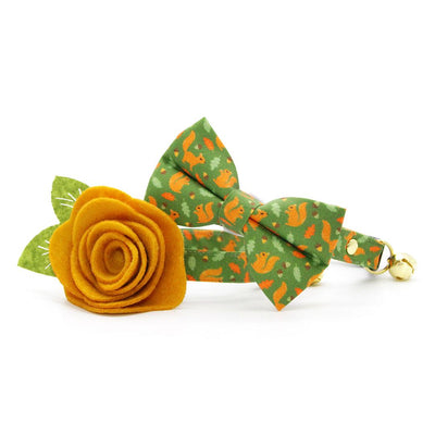 Fall Cat Collar + Flower Set - "Squirrel Bounty" - Acorn Green Squirrel Cat Collar w/ Mustard Felt Flower (Detachable) / Cat, Kitten + Small Dog Sizes