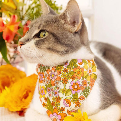 Cat Collar - "Groovy Garden" - Yellow 60s Retro Floral Cat Collar / Fall, Spring, Summer / Breakaway Buckle or Non-Breakaway / Cat, Kitten + Small Dog Sizes