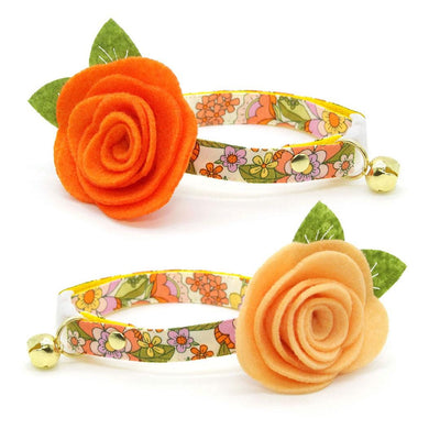 Cat Collar - "Groovy Garden" - Yellow 60s Retro Floral Cat Collar / Fall, Spring, Summer / Breakaway Buckle or Non-Breakaway / Cat, Kitten + Small Dog Sizes