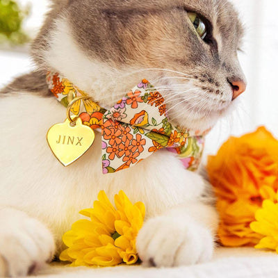 Cat Collar - "Groovy Garden" - Yellow 60s Retro Floral Cat Collar / Fall, Spring, Summer / Breakaway Buckle or Non-Breakaway / Cat, Kitten + Small Dog Sizes