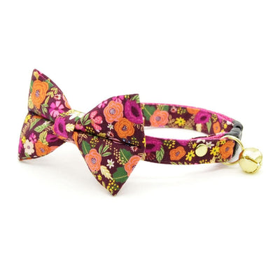 Bow Tie Cat Collar Set - "Harvest Wine" - Plum Burgundy Floral Cat Collar with Bow Tie / Cat, Kitten, Small Dog Sizes