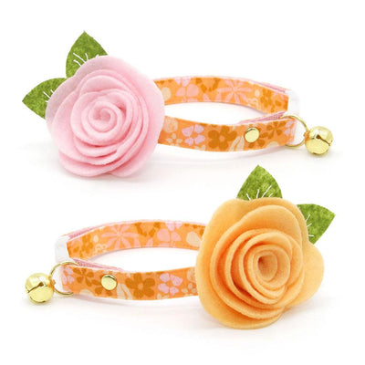 Cat Collar - "Peachy Keen" - Peach Orange Pink Retro Floral Cat Collar / Fall, Spring / Breakaway Buckle or Non-Breakaway / Cat, Kitten + Small Dog Sizes