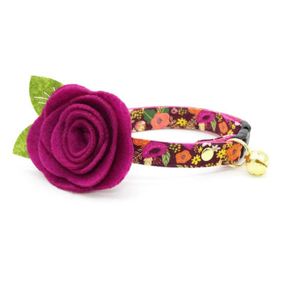 Fall Cat Collar + Flower Set - "Harvest Wine" - Burgundy Floral Cat Collar w/ Plum Felt Flower (Detachable) / Cat, Kitten + Small Dog Sizes