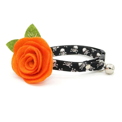 Halloween Cat Collar + Flower Set - "Misfit" - Skull Cat Collar w/ Orange Felt Flower (Detachable) / Cat, Kitten + Small Dog Sizes