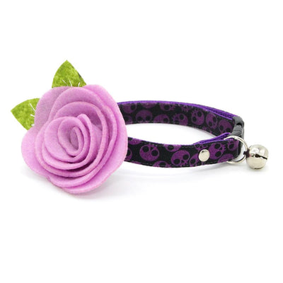 Skull Cat Collar + Flower Set - "Lydia" - Purple Cat Collar w/ Lavender Felt Flower (Detachable) / Cat, Kitten + Small Dog Sizes