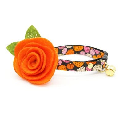 Cat Collar + Flower Set - "Pumpkin Toss" - Orange Pink Pumpkin Cat Collar w/ Orange Felt Flower (Detachable) / Cat, Kitten + Small Dog Sizes