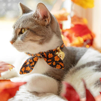 Cat Collar and Bunny Ear Bow Set - "Autumn Night" - Black Orange Leaves Fall Cat Collar w/ Matching Bunny Bow Tie / Halloween, Thanksgiving / Cat, Kitten + Small Dog Sizes