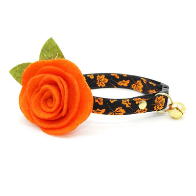 Cat Collar - "Autumn Night" - Fall Leaves Orange Black Cat Collar / Halloween + Fall / Breakaway Buckle or Non-Breakaway / Cat, Kitten + Small Dog Sizes