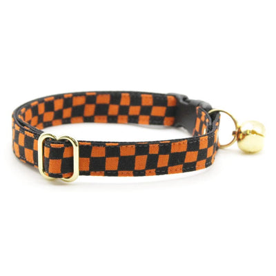 Cat Collar - "Punk Rock Halloween" - Black Orange Checkered Cat Collar / Breakaway Buckle or Non-Breakaway / Cat, Kitten + Small Dog Sizes