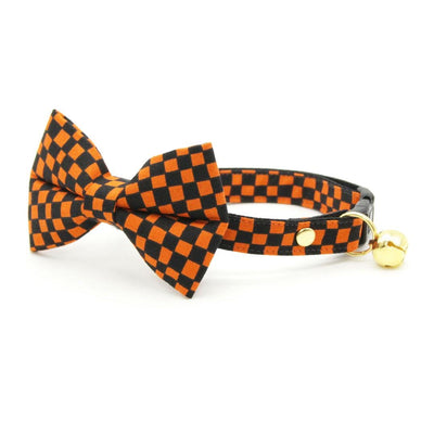 Bow Tie Cat Collar Set - "Punk Rock Halloween" - Black Orange Checkered Cat Collar with Bow Tie / Cat, Kitten, Small Dog Sizes