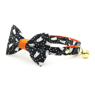 Bow Tie Cat Collar Set - "Chasing Ghosts" - Halloween Black Ghost Cat Collar with Bow Tie / Cat, Kitten, Small Dog Sizes