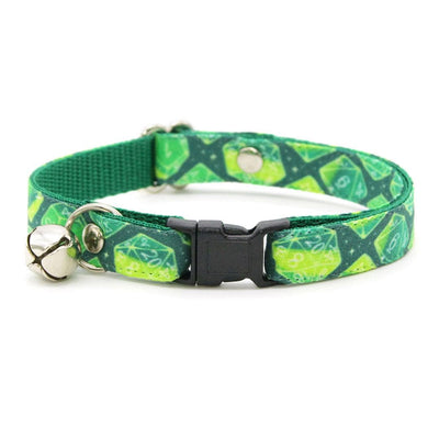 DnD Cat Collar + Flower Set - "Magic Dice - Green" - D20 Cat Collar w/ Clover Green Felt Flower (Detachable) / Cat, Kitten + Small Dog Sizes