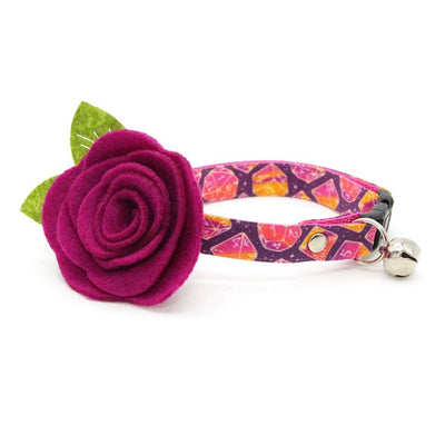 DnD Cat Collar + Flower Set - "Magic Dice - Magenta" - D20 Cat Collar w/ Plum Felt Flower (Detachable) / Cat, Kitten + Small Dog Sizes