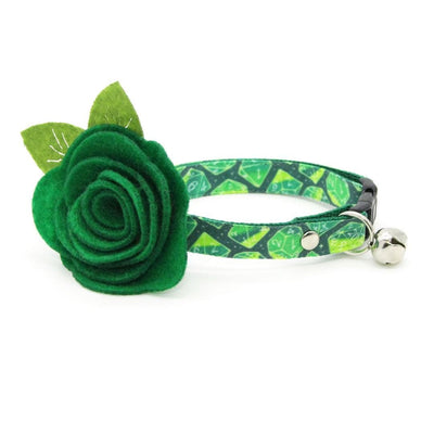 DnD Cat Collar + Flower Set - "Magic Dice - Green" - D20 Cat Collar w/ Clover Green Felt Flower (Detachable) / Cat, Kitten + Small Dog Sizes