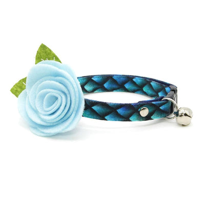 Dragon Cat Collar + Flower Set - "Dragon Scales - Blue" - Fantasy Cat Collar w/ Sky Blue Felt Flower (Detachable) / Cat, Kitten + Small Dog Sizes