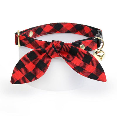 Cat Collar and Bunny Ear Bow Set - "Cozy Cabin Red" - Red Buffalo Plaid Cat Collar w/ Matching Bunny Bow Tie / Fall, Winter, Holiday / Cat, Kitten + Small Dog Sizes