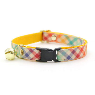 Cat Collar and Bunny Ear Bow Set - "Golden Hour" - Rainbow Plaid Cat Collar w/ Matching Bunny Bow Tie / Spring, Easter / Cat, Kitten + Small Dog Sizes