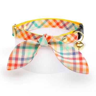 Cat Collar and Bunny Ear Bow Set - "Golden Hour" - Rainbow Plaid Cat Collar w/ Matching Bunny Bow Tie / Spring, Easter / Cat, Kitten + Small Dog Sizes