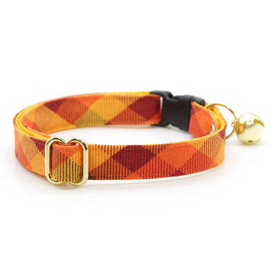 Cat Collar and Bunny Ear Bow Set - "Cinnamon" - Orange Yellow & Red Plaid Cat Collar w/ Matching Bunny Bow Tie / Fall + Thanksgiving / Cat, Kitten + Small Dog Sizes