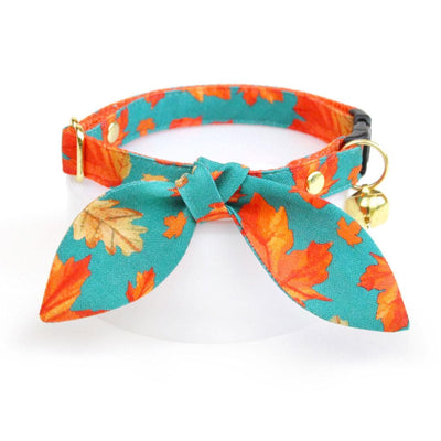 Cat Collar and Bunny Ear Bow Set - "Maple Hill" - Teal Maple Leaf Cat Collar w/ Matching Bunny Bow Tie / Autumn, Fall / Cat, Kitten + Small Dog Sizes