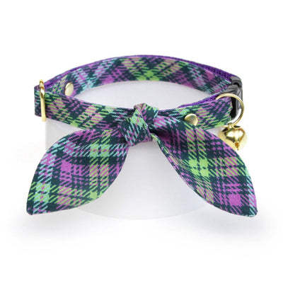 Cat Collar and Bunny Ear Bow Set - "Morgan Le Fey" - Purple Plaid Cat Collar w/ Matching Bunny Bow Tie / Cat, Kitten + Small Dog Sizes