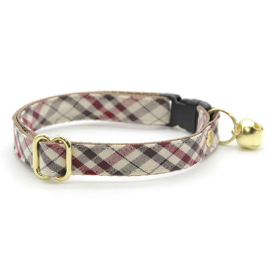 Cat Collar and Bunny Ear Bow Set - "Newberry" - Tan Plaid Cat Collar w/ Matching Bunny Bow Tie / Cat, Kitten + Small Dog Sizes