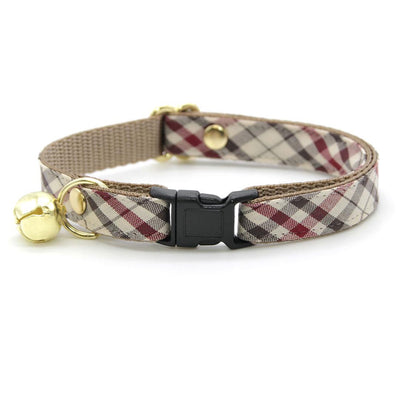 Cat Collar and Bunny Ear Bow Set - "Newberry" - Tan Plaid Cat Collar w/ Matching Bunny Bow Tie / Cat, Kitten + Small Dog Sizes