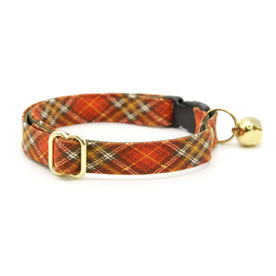 Cat Collar and Bunny Ear Bow Set - "Pecan Praline" - Autumn Orange Plaid Cat Collar w/ Matching Bunny Bow Tie / Fall + Thanksgiving / Cat, Kitten + Small Dog Sizes